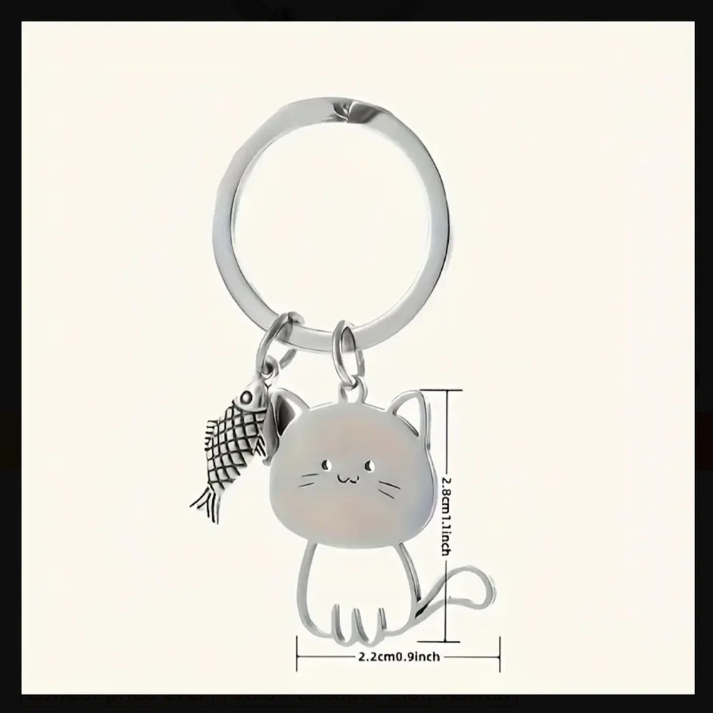 Silver Cat Keychain with Fish Charm